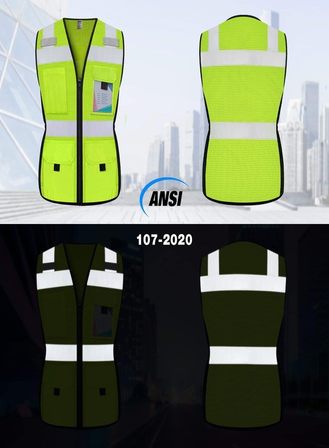 TCCFCCT Safety Vest for Women 11 Pockets Mesh Reflective Vest with Zipper, High Visibility Neon Construction Work Vest for Lady Surveyors/Warehouse, Snug-Fit, Durable, ANSI Compliant, Yellow XS - Image 2