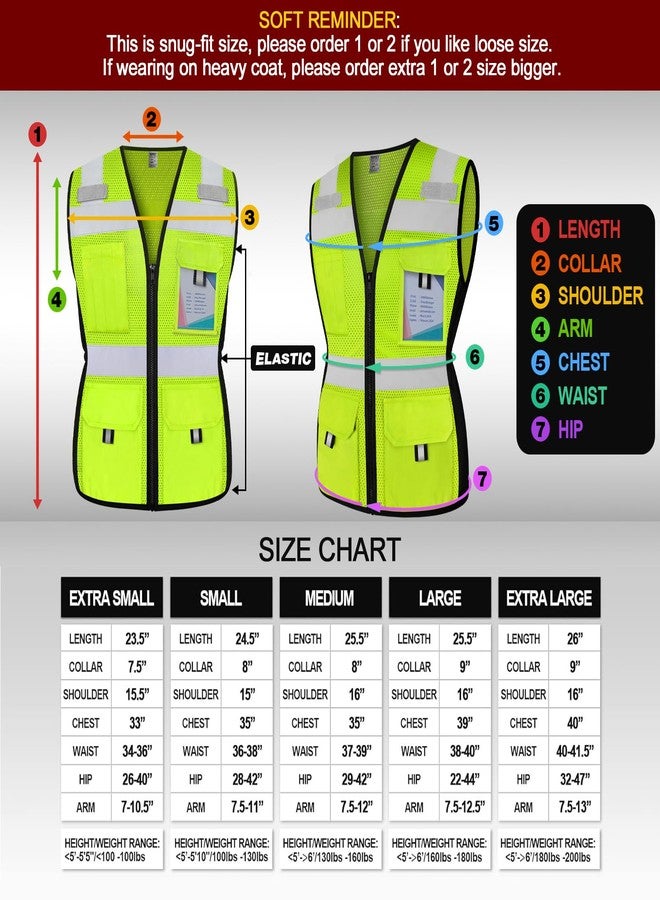 TCCFCCT Safety Vest for Women 11 Pockets Mesh Reflective Vest with Zipper, High Visibility Neon Construction Work Vest for Lady Surveyors/Warehouse, Snug-Fit, Durable, ANSI Compliant, Yellow XS - Image 5