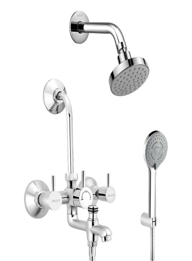ENICET خلاط حائط Enicet Brass 3 في 1 مع دش علوي ودش يدوي، تشطيب كروم، دش يدوي بخمس وظائف، خلاط حائط للحمام 3 في 1، طقم دش للحمام، صنبور خلاط (FE122OSHS MAX) - Image 1