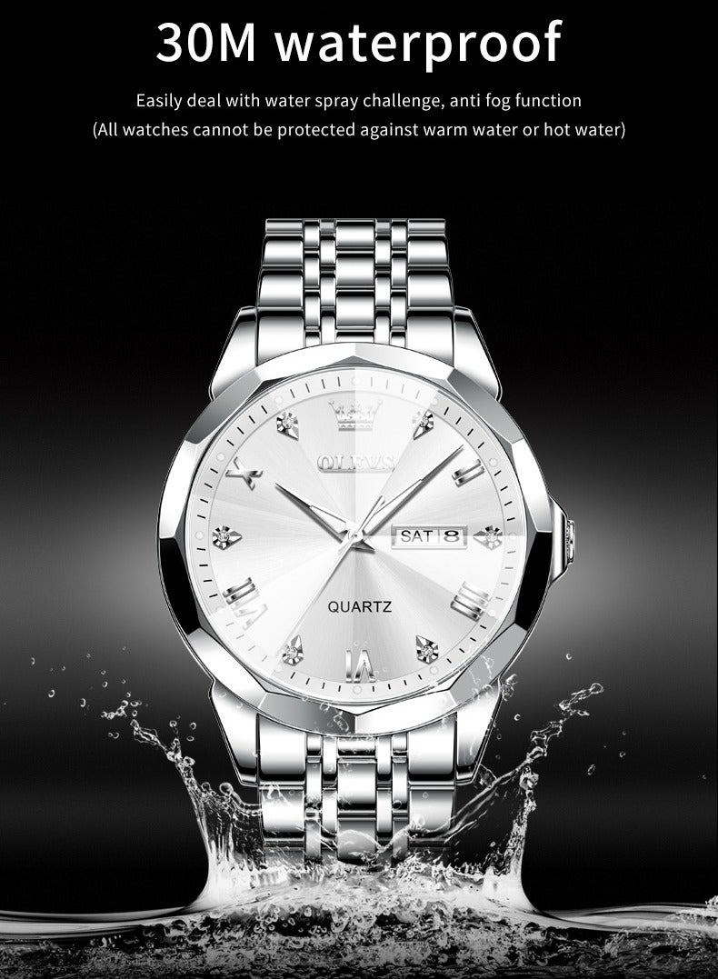 OLEVS 9931 New Business Quartz Watch for Men Dual Calendar Luxury Diamond Dial Waterproof Stainless Steel Strap Men Wristwatch - Image 5