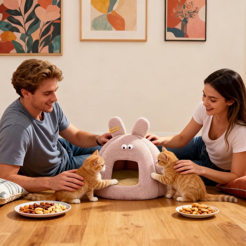 Cat Cave Bed | Warm Cute Bunny Design Tunnel - with Removable Cushion Cat Houses,for Kitten Pet Outside Winter Sleeping Christmas - Image 3