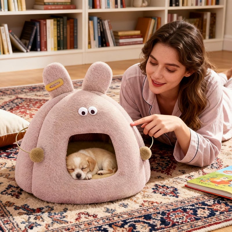 Cat Cave Bed | Warm Cute Bunny Design Tunnel - with Removable Cushion Cat Houses,for Kitten Pet Outside Winter Sleeping Christmas - Image 2