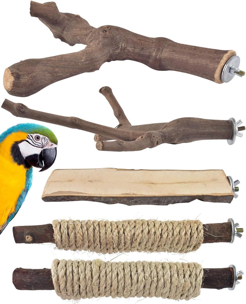 Bissap 5PCS Large Bird Perch Stand, Natural Wood Pole Standing Paw Grinding Fork Parrot Cage Branch with Rope for Macaw African Grey Amazon Pet Medium Large Birds Cage Accessories - Image 1