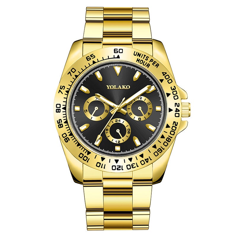 Gold Mens Watch Steel Band Business Quartz Black face gold shell