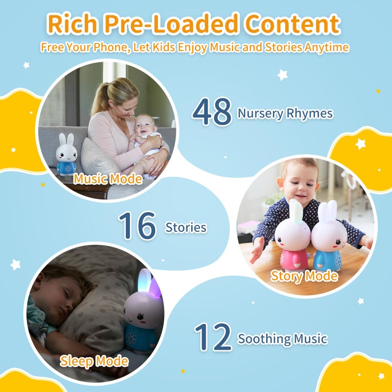 alilo Honey Bunny Kids Music Story Audio Player for Toddlers 1-5, Baby Boy Girl Easter Gifts, Pre-Loaded 16 Stories/48 Nursery Rhymes/12 Soothing Music, with Nightlight,Voice Recording - Image 2