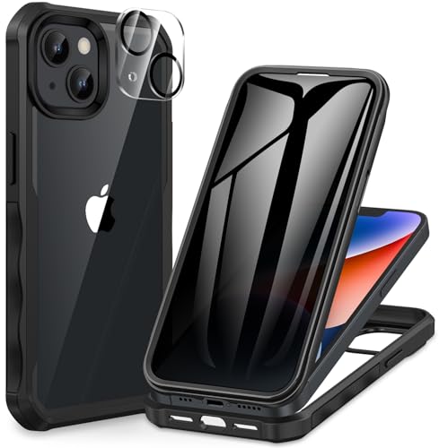 CENHUFO Privacy for iPhone 14 Case/iPhone 13 Case, Full Body Phone Case with Built-in 9H Tempered Glass Privacy Screen Protector and Camera Lens Protector, Shockproof Bumper Clear Cover - Black - Image 1