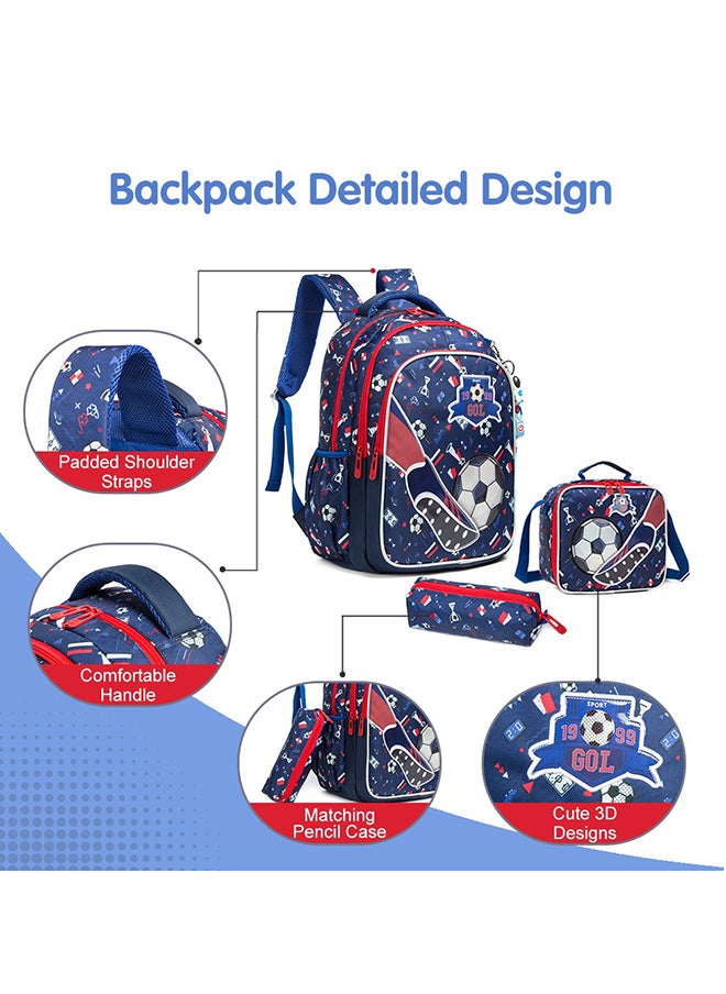 Eazy Kids - 17 Inch Set Of 3 School Bag With Lunch Bag And Pencil Case Football - Blue - Image 1