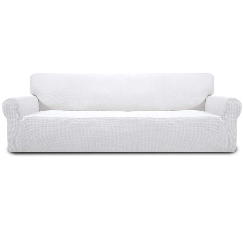 EasyGoing Stretch 4 Seater Sofa Slipcover 1Piece Sofa Cover Furniture Protector Couch Soft with Elastic Bottom for Kids Polyester Spandex Jacquard Fabric Small Checks Snow White