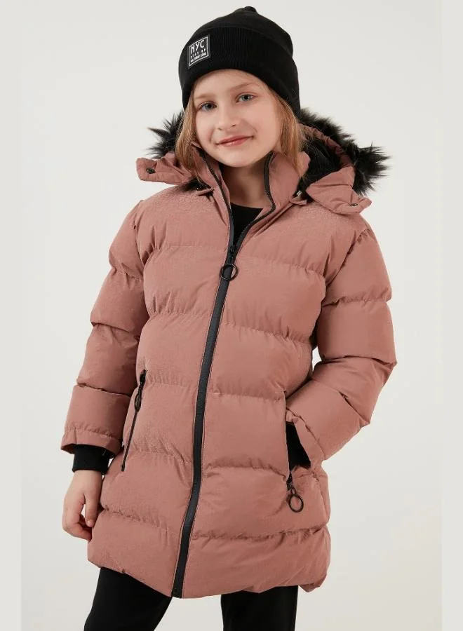 Lela Lela Collar Faux Fur Plush Lined Detachable Hooded Slim Cut Winter Coat Girl's COAT 5760002