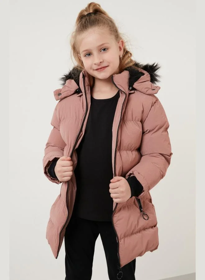 Lela Lela Collar Faux Fur Plush Lined Detachable Hooded Slim Cut Winter Coat Girl's COAT 5760002