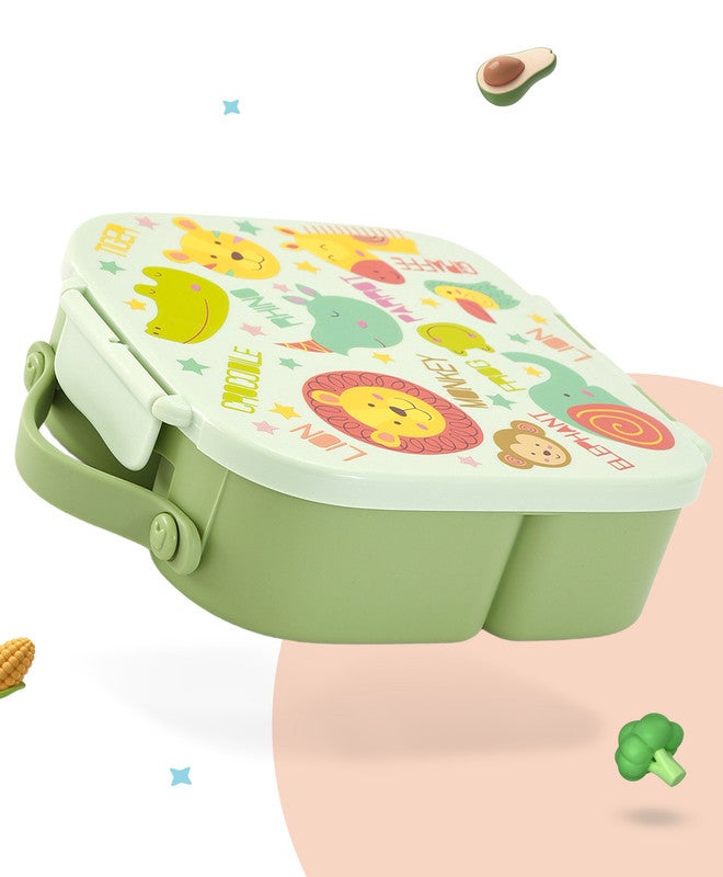 Bonfino Lunch Box, Leak-Resistant Seal, Food-Grade PP and Silicone, Durable, Animal Theme, 3 Years+, 1100 mL, 21.8 x 21.1 x 7.5 cm - Green - Image 1