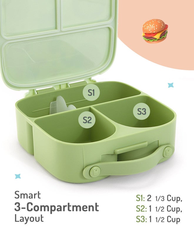 Bonfino Lunch Box, Leak-Resistant Seal, Food-Grade PP and Silicone, Durable, Animal Theme, 3 Years+, 1100 mL, 21.8 x 21.1 x 7.5 cm - Green - Image 3
