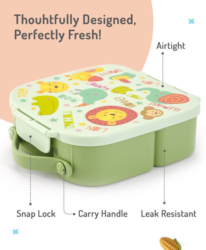 Bonfino Lunch Box, Leak-Resistant Seal, Food-Grade PP and Silicone, Durable, Animal Theme, 3 Years+, 1100 mL, 21.8 x 21.1 x 7.5 cm - Green - Image 4