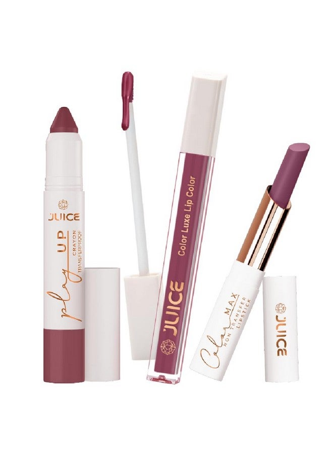 Juice Long Lasting, 3pc Lipstick Combo Set For Women(Stay-On Spice-MCR05 Lip Crayon, Lovely Lilac-M17 Liquid Lipstick, Fig Frenzy-M17 Slim Stick) - Image 1