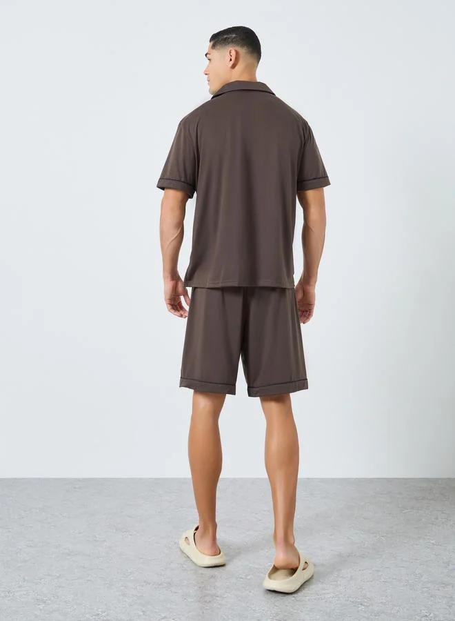 Styli Brown Men Relaxed Fit Solid Shirt and Shorts Set for Men | Best Price UAE