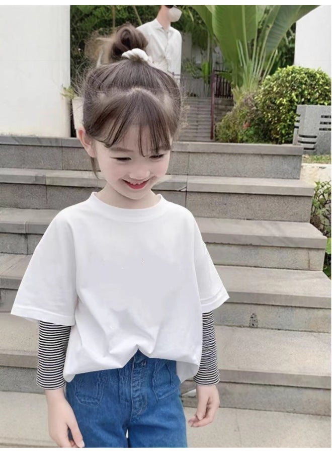 Girls' New Round Neck Fake Two-piece T-shirt Baby Patchwork Inner Wear Long Sleeve Mid-child Autumn Spring Pure Cotton Base Layer Top - Image 5