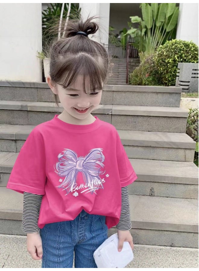 Girls' New Round Neck Fake Two-piece T-shirt Baby Patchwork Inner Wear Long Sleeve Mid-child Autumn Spring Pure Cotton Base Layer Top - Image 2