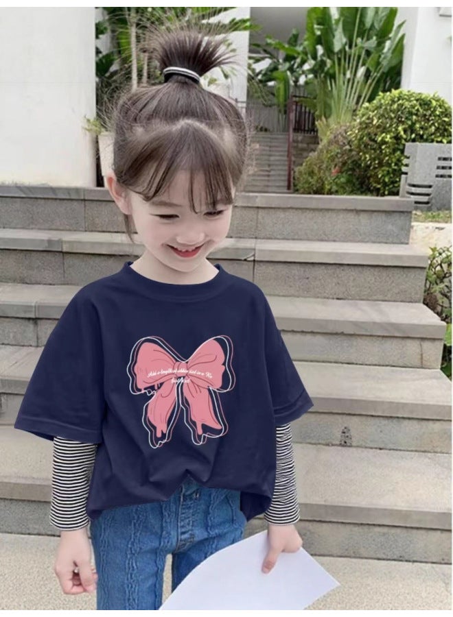 Girls' New Round Neck Fake Two-piece T-shirt Baby Patchwork Inner Wear Long Sleeve Mid-child Autumn Spring Pure Cotton Base Layer Top - Image 3