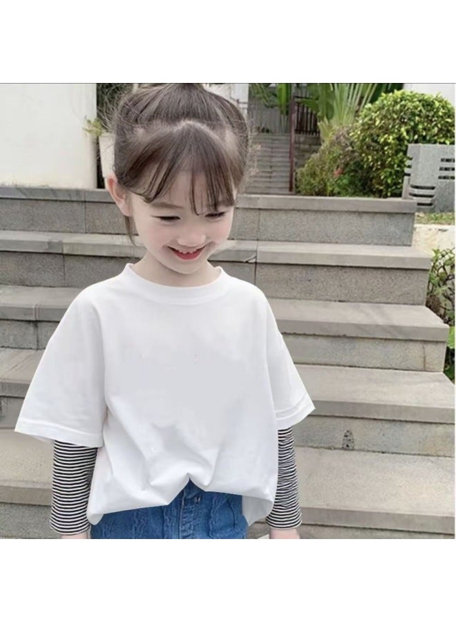 Girls' New Round Neck Fake Two-piece T-shirt Baby Patchwork Inner Wear Long Sleeve Mid-child Autumn Spring Pure Cotton Base Layer Top - Image 1