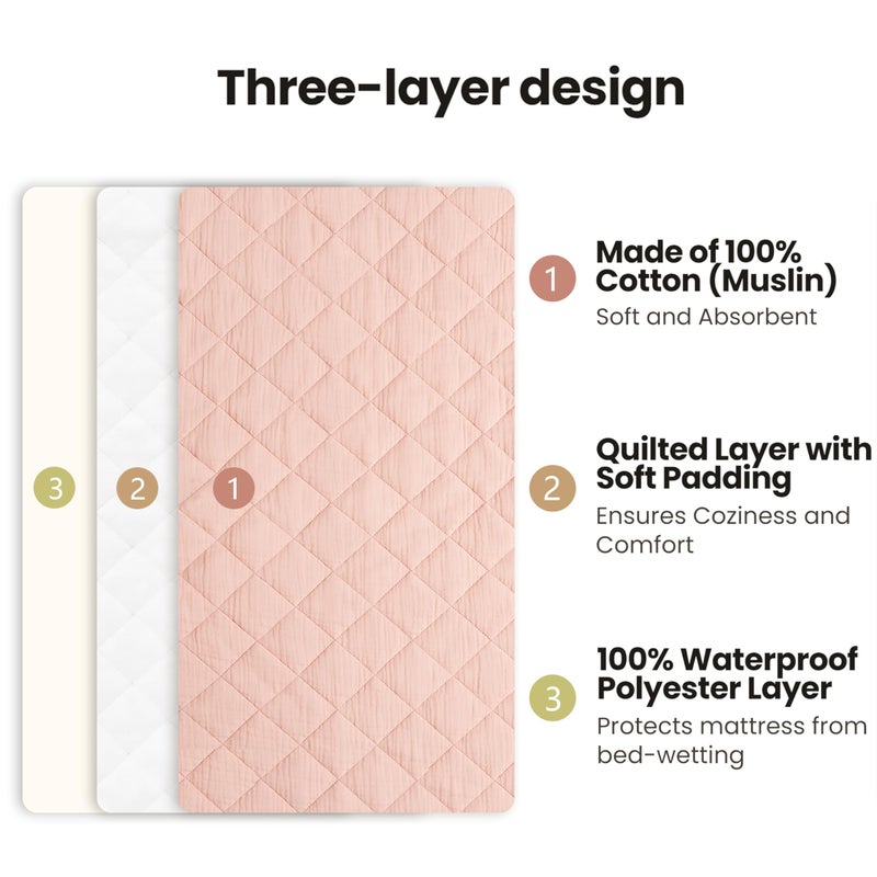 Konssy Waterproof Muslin Changing Pad Cover 2 Pack, Quilted Cotton Fitted Diaper Chang Table Cover, Soft Changing Pad Sheets for Girls Boys (Blossom,Pink) - Image 3