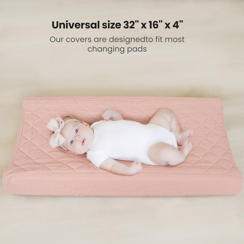 Konssy Waterproof Muslin Changing Pad Cover 2 Pack, Quilted Cotton Fitted Diaper Chang Table Cover, Soft Changing Pad Sheets for Girls Boys (Blossom,Pink) - Image 5