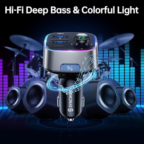 Syncwire Bluetooth 5.4 FM Transmitter Car Adapter 48W (PD 36W & 12W) [Light Switch] [Hi-Fi Deep Bass] [Fast Charge] Wireless Radio Music Adapter LED Display Hands-Free Calling Support USB Drive - Image 5