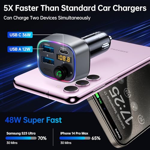 Syncwire Bluetooth 5.4 FM Transmitter Car Adapter 48W (PD 36W & 12W) [Light Switch] [Hi-Fi Deep Bass] [Fast Charge] Wireless Radio Music Adapter LED Display Hands-Free Calling Support USB Drive - Image 3