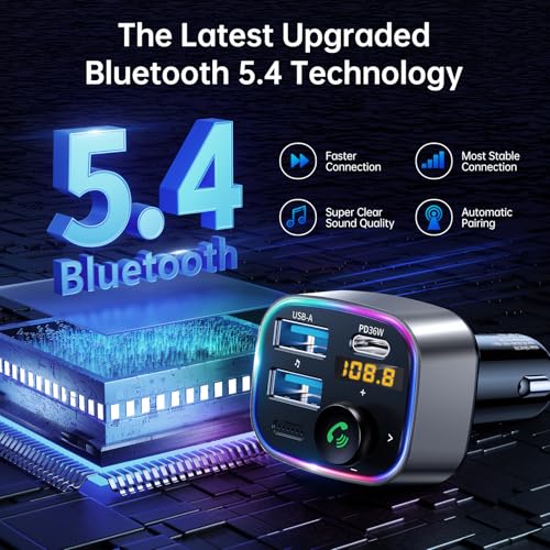 Syncwire Bluetooth 5.4 FM Transmitter Car Adapter 48W (PD 36W & 12W) [Light Switch] [Hi-Fi Deep Bass] [Fast Charge] Wireless Radio Music Adapter LED Display Hands-Free Calling Support USB Drive - Image 2