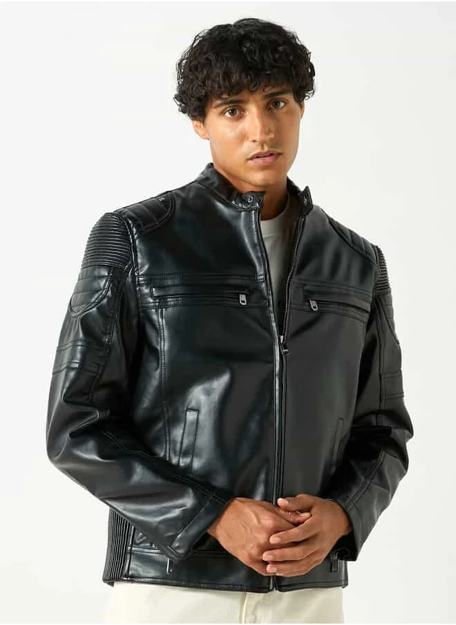 Lee Cooper Lee Cooper Solid Zip Through Biker Jacket with Pockets