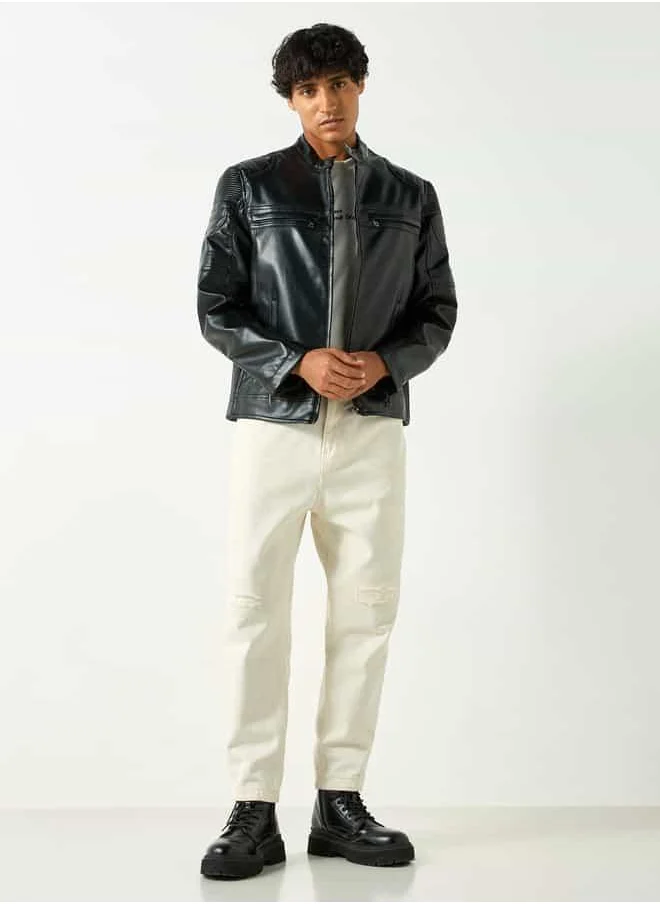 Lee Cooper Lee Cooper Solid Zip Through Biker Jacket with Pockets