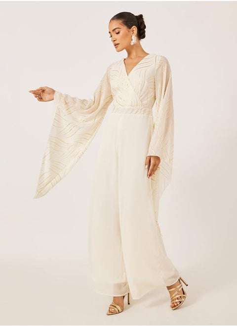 Cream Foil Print Wide Leg Jumpsuit