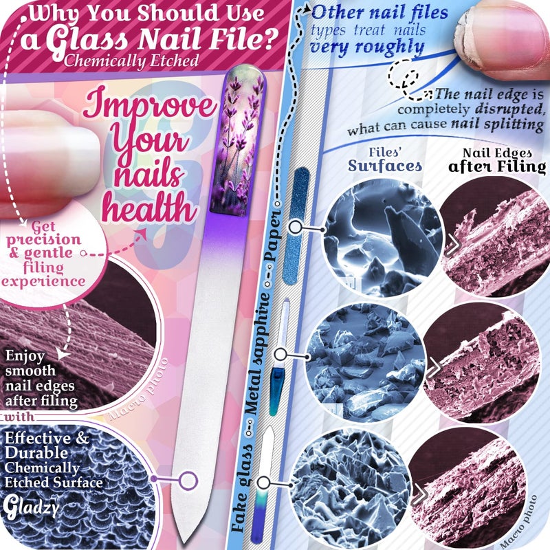 GLADZY 3D Czech Glass Nail File with Case â€“ Crystal Nail File for Natural Nails, Double Sided Dual Grit Coarse & Smooth Etched Surface, Comfort 3D Grip Handle, Professional Manicure Tool, Made in EU - Image 4
