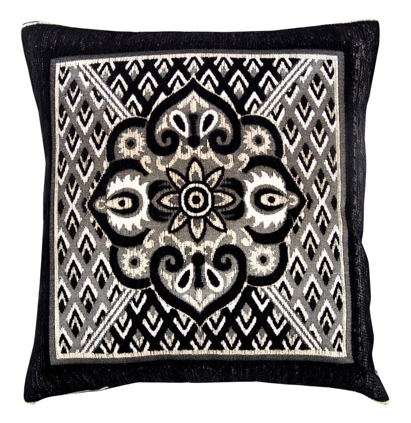 Nendle Jacquard Weaved Decorative Velvet Cushion Cover/Sofa Pillow Cover 500 TC Set Of 5 Pieces (Black, 16X16 Inches) - Image 3