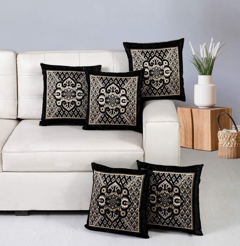 Nendle Jacquard Weaved Decorative Velvet Cushion Cover/Sofa Pillow Cover 500 TC Set Of 5 Pieces (Black, 16X16 Inches) - Image 4