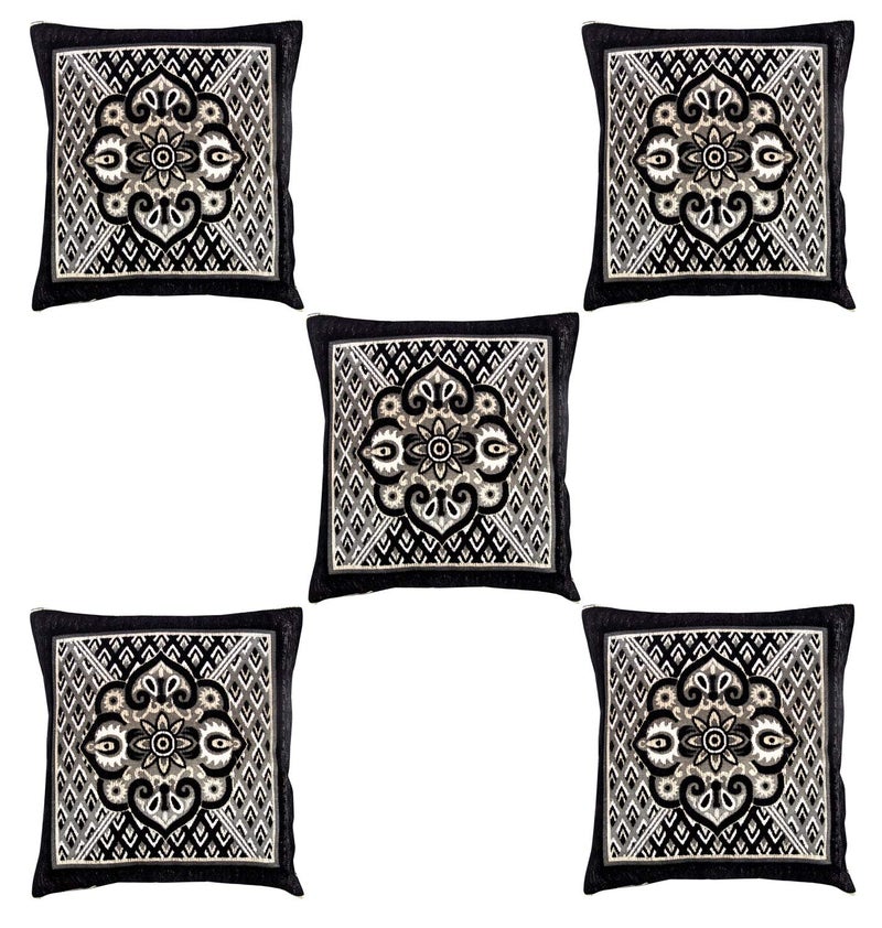 Nendle Jacquard Weaved Decorative Velvet Cushion Cover/Sofa Pillow Cover 500 TC Set Of 5 Pieces (Black, 16X16 Inches) - Image 2