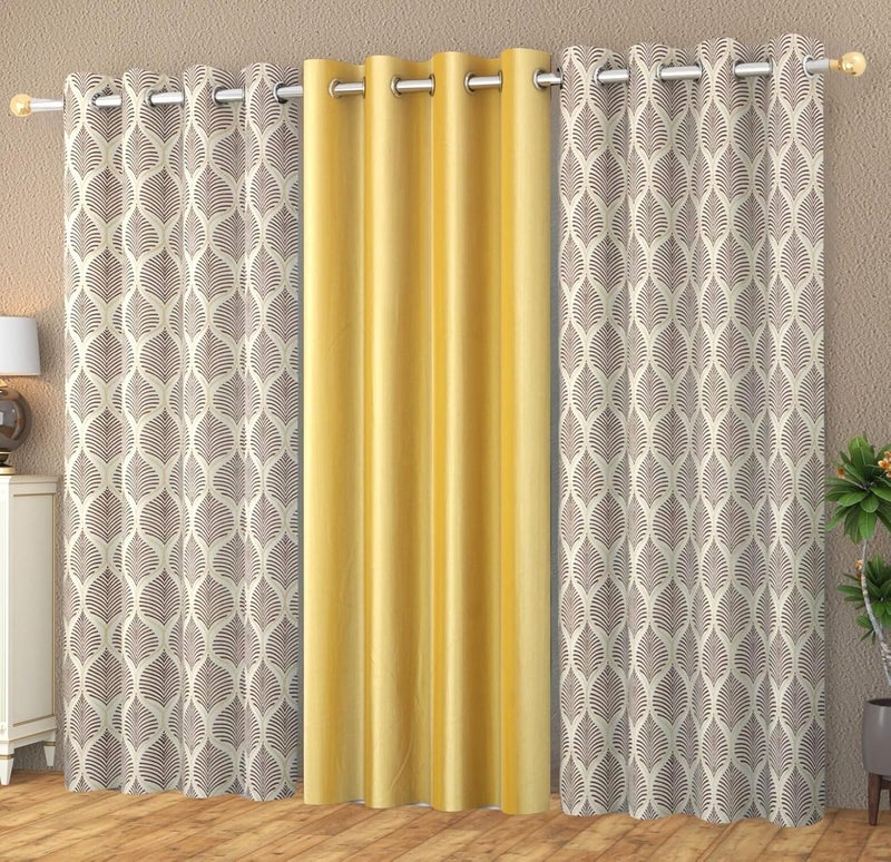 Yarnis Yarnis 8 feet Polyester LightFiltering 2 Printed 1 Plain Eyelet Long Door Curtain Brown Yellow Combo Pack of 3 - Image 1