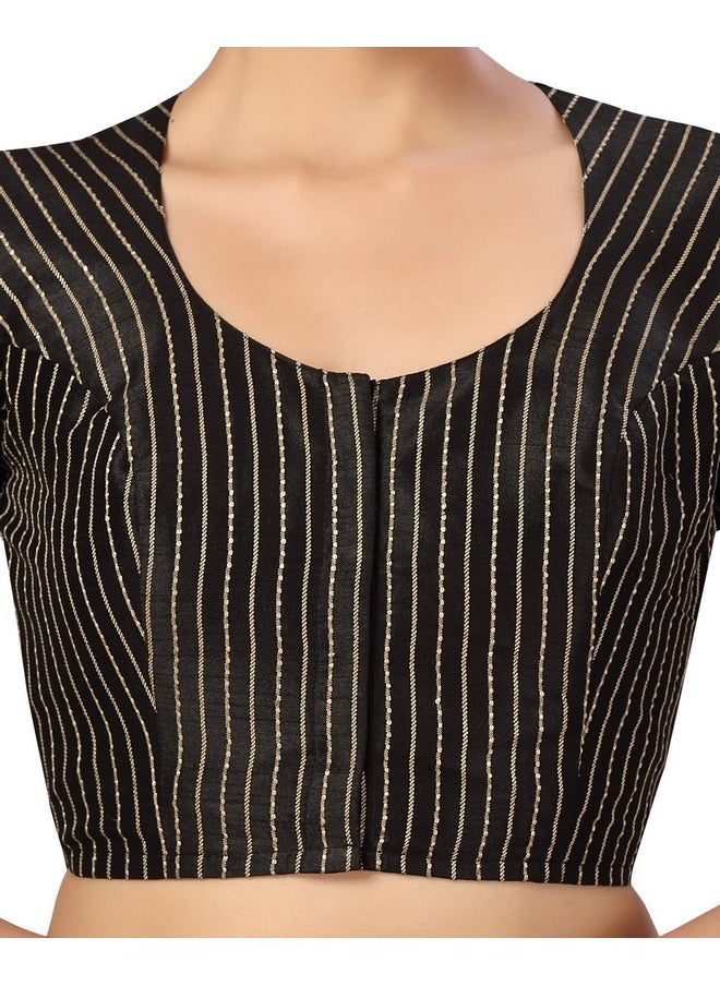 Studio Shringaar - Studio Shringaar Womens Polyester Short Sleeves Handloom Silk Saree Blouse(Black, 40) - Image 1