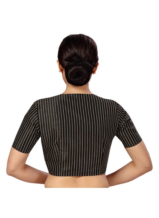 Studio Shringaar - Studio Shringaar Womens Polyester Short Sleeves Handloom Silk Saree Blouse(Black, 40) - Image 1