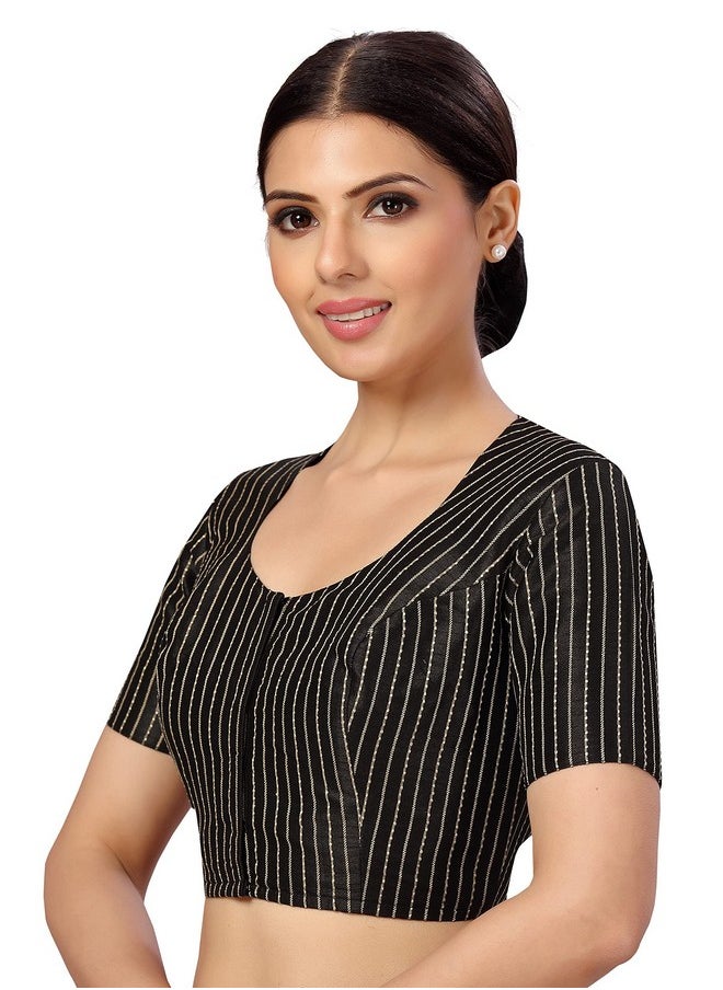 Studio Shringaar - Studio Shringaar Womens Polyester Short Sleeves Handloom Silk Saree Blouse(Black, 40) - Image 1