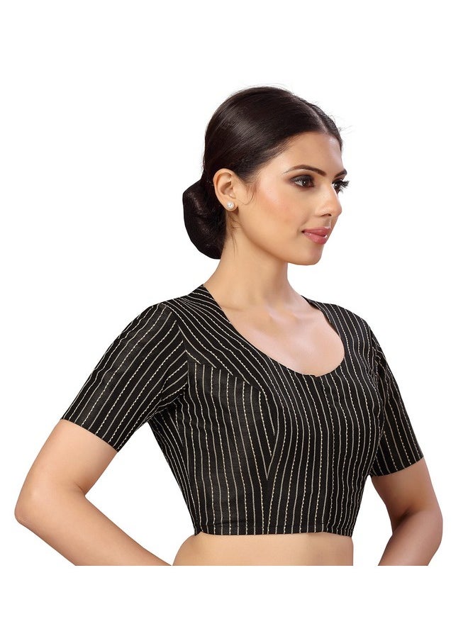 Studio Shringaar - Studio Shringaar Womens Polyester Short Sleeves Handloom Silk Saree Blouse(Black, 40) - Image 1