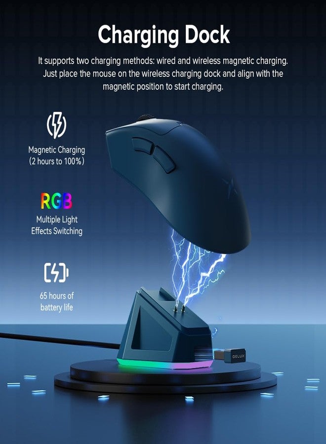 DELUX M900PRO Wireless Gaming Mouse, 8000Hz Polling Rate, Magnetic 4K RGB Charging Dock, 63g Lightweight Design, 2.4G Dual Mode Connection, PAW3395 Sensor with 26000DPI, 6 Programmable Buttons (Blue) - Image 3