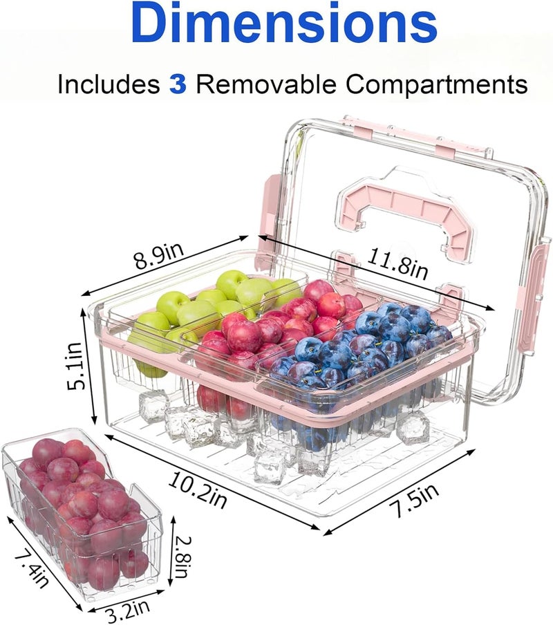 LLMRR Clear Plastic Storgae Bin with Lid & Handle, Airtight Snack Organizer with 3 Removable Drain Containers, Multi-Use Storage Bin for Pantry, Kitchen, Fridge, Home Organization, Pink - Image 3