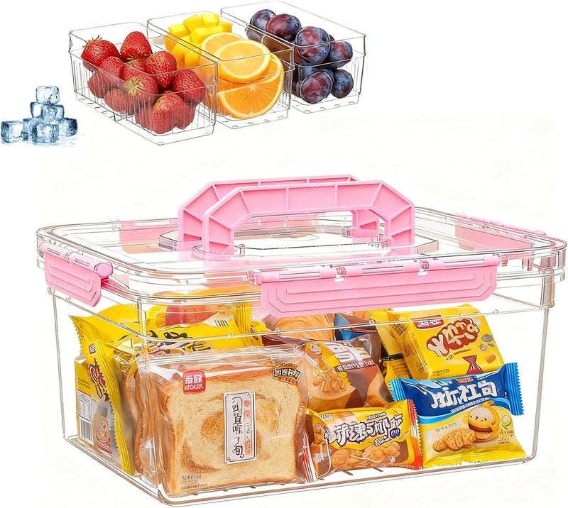 LLMRR Clear Plastic Storgae Bin with Lid & Handle, Airtight Snack Organizer with 3 Removable Drain Containers, Multi-Use Storage Bin for Pantry, Kitchen, Fridge, Home Organization, Pink - Image 1