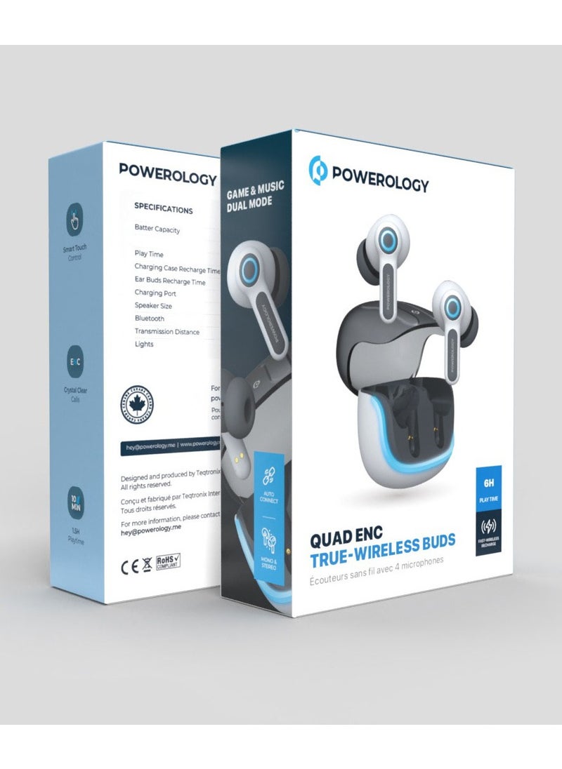 Quad Microphone ENC True-Wireless Earphone/ Fast Wireless Recharge/ 10M Distance/ 6H Working Time / Smart Touch Control - White
