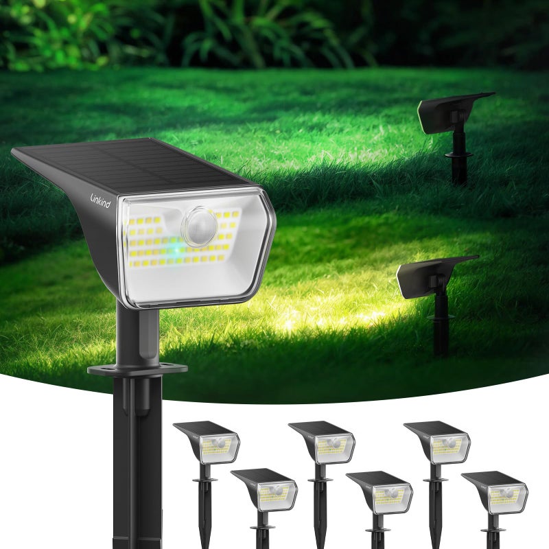 Linkind Solar Lamps 2 in 1 Solar Spotlight Outdoor with Motion Detector 3000K & 6500K, 60-LEDs Outdoor Garden Spotlight, IP67 Waterproof Solar Path Lights 8M/120°, 6 Pieces - Image 1