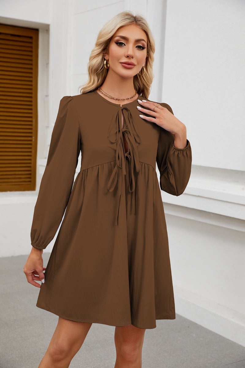2024 Trendy Lace-Up Doll Dress Pleated Long Sleeve Dark brown - Image 1