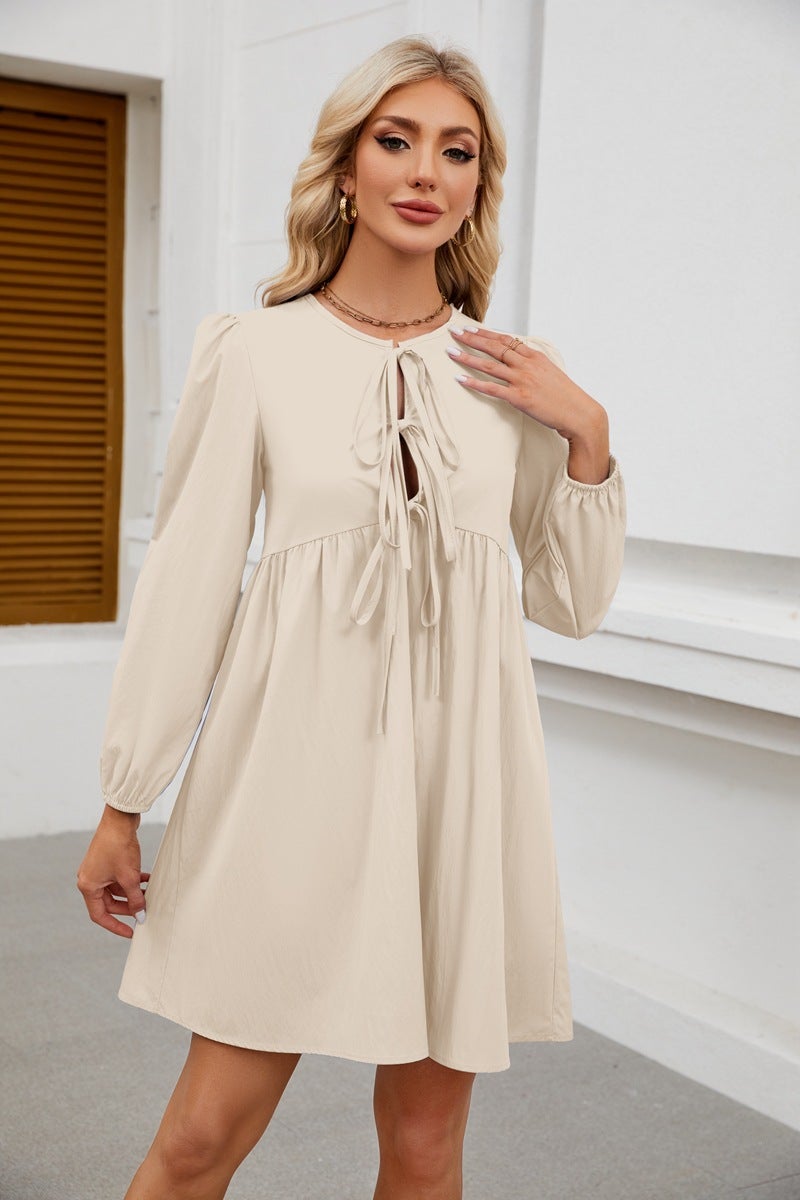 2024 Trendy Lace-Up Doll Dress Pleated Long Sleeve Dark brown - Image 4