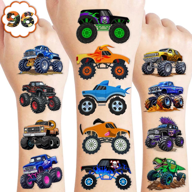 91TATTOOS 120 PCS Monster Truck Race Car Pre-Cut Temporary Tattoos for Kids | Super Cute Themed Birthday Party Favors, Supplies, Decorations, Fake Tattoo Stickers, Rewards & Gifts for Boys Girls - Image 1
