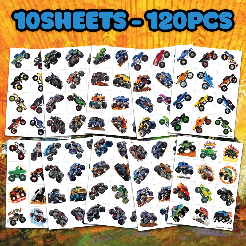 91TATTOOS 120 PCS Monster Truck Race Car Pre-Cut Temporary Tattoos for Kids | Super Cute Themed Birthday Party Favors, Supplies, Decorations, Fake Tattoo Stickers, Rewards & Gifts for Boys Girls - Image 3