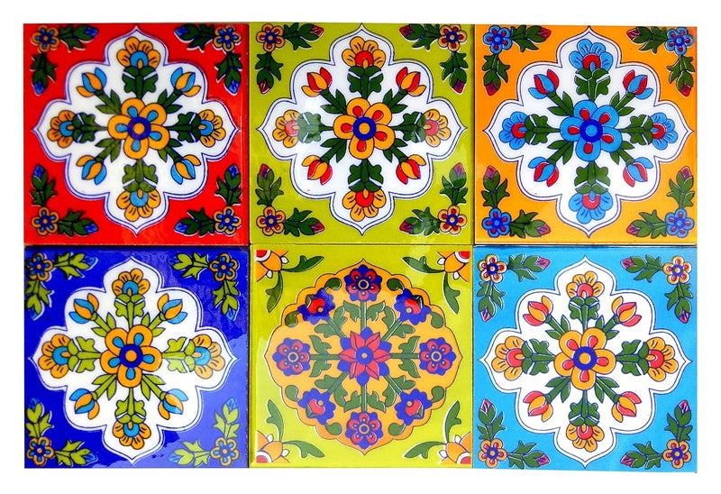 Shiv Kripa Blue Pottery Show Room Floor Tile Seamless Pattern Traditional Handmade Install Furniture Backsplash Designer Decor Wall Floor Furniture Decorative 4 x 4 Inch Pack of 6 Tiles Multi